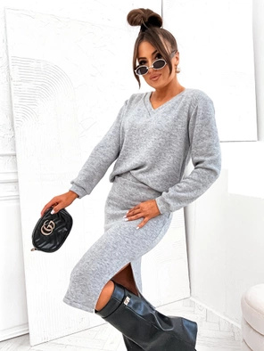 Szary dzianinowy komplet damski bluzka i spódnica