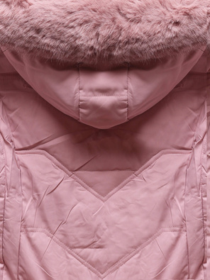 Pudrowa damska kurtka zimowa z podszewką na futerku z kapturem