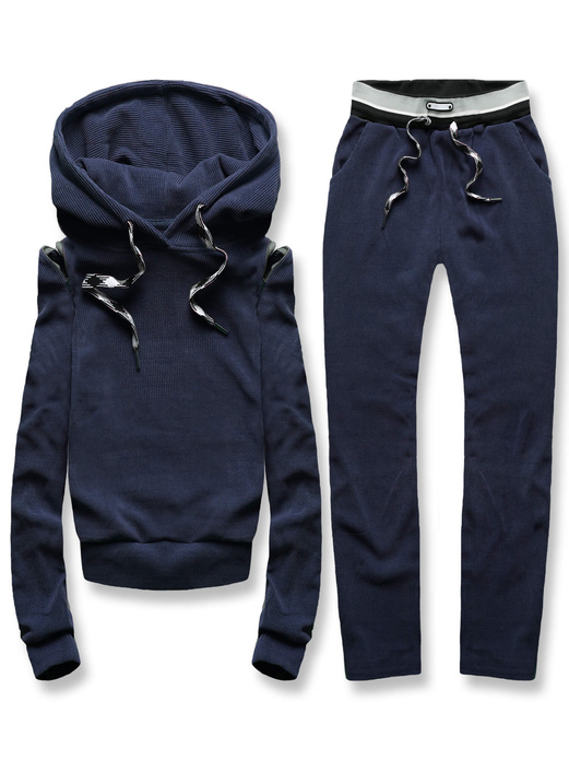 Granatowy dres w prążek wygodny komplet z kapturem