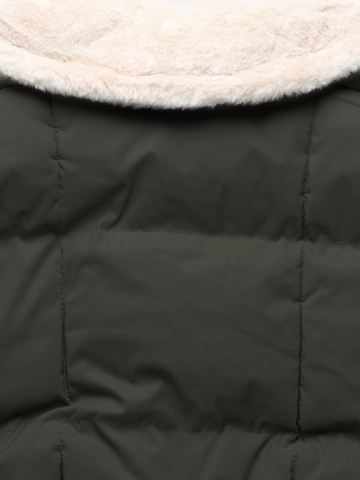 Khaki pikowana zimowa kurtka płaszcz z kołnierzem na kożuchu