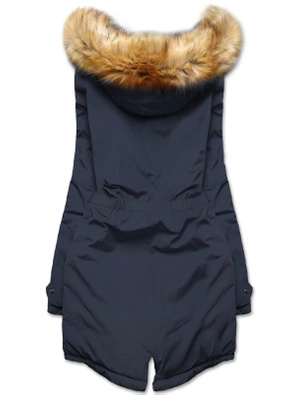 Granatowo beżowa długa dwustronna ciepła kurtka parka z kapturem z odpinanym futerkiem