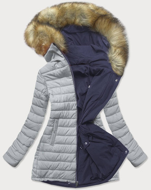 Granatowo-szara dwustronna damska pikowana zimowa kurtka 