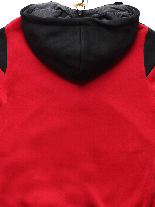 Czerwono czarny kolorowy dres damski z kapturem komplet bluza na suwak + spodnie