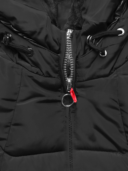 Czarna długa pikowana zimowa kurtka płaszczyk z kapturem srebrna wstawka