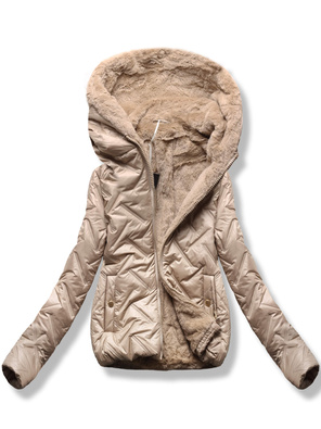Beżowa damska kurtka z kapturem i futerkiem w środku 