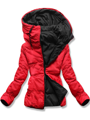 Czarno czerwona dwustronna damska kurtka przejściowa z kapturem 
