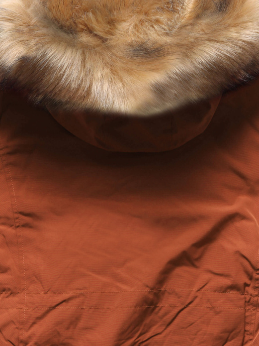 Pomarańczowo brązowa dwustronna damska kurtka pikowana z kapturem