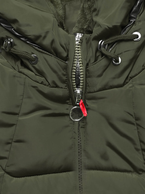 Khaki długa pikowana zimowa kurtka płaszczyk z kapturem srebrna wstawka