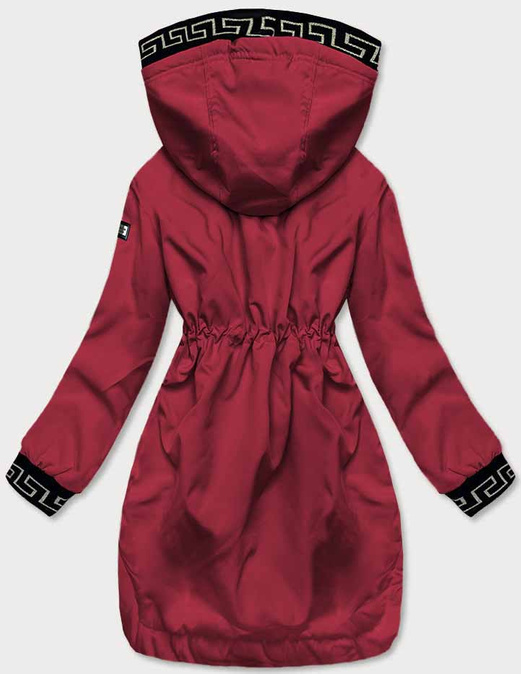 Ciemnoczerwona kurtka płaszcz parka z ozdobnymi lampasami we wzory z kapturem