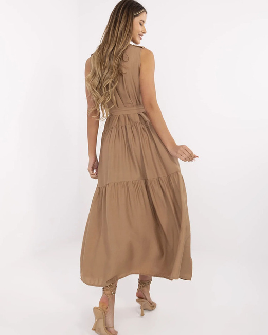 Karmelowa fantastyczna zwiewna sukienka z guzikami maxi