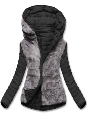 Czarna dwustronna zimowa pikowana kurtka futerko szare