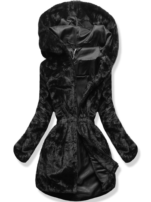 Czarna damska futrzana zimowa kurtka z kapturem