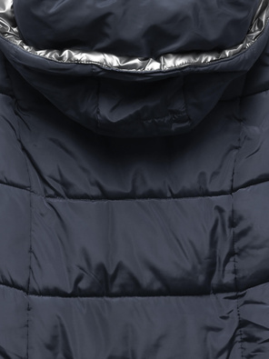 Granatowa długa pikowana zimowa kurtka płaszczyk z kapturem srebrna wstawka