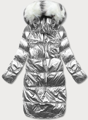 Beżowo szara błyszcząca kurtka płaszczyk z kapturem