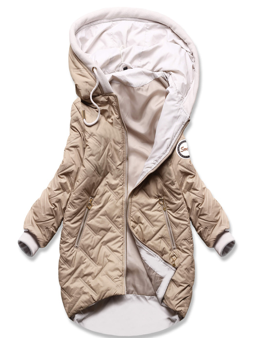 Beżowa damska pikowana przejściowa kurtka dłuższa z tyłu