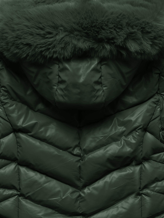 Ciemnozielona zimowa pikowana w jodełkę kurtka płaszczyk z kapturem