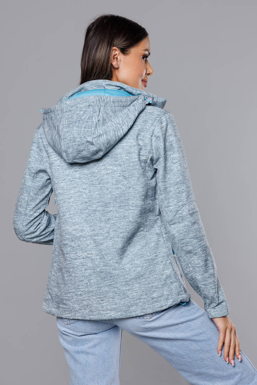Szara melanżowa niebieska przejściowa sportowa kurtka softshell z odpinanym kapturem