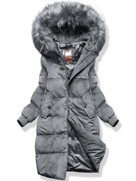 Szara długa zimowa sztruksowa damska kurtka z kapturem