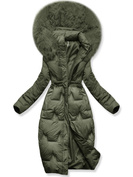 Khaki długa zimowa unikalnie pikowana damska kurtka z kapturem