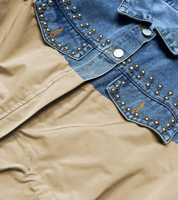 DAMSKA KURTKA JEANS DENIM Z ŁĄCZONYCH MATERIAŁÓW NIEBIESKO-BEŻOWA (PFFS12233)