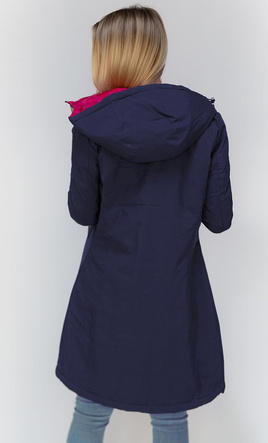 Granatowo-różowa przejściowa dwustronna damska kurtka z kapturem