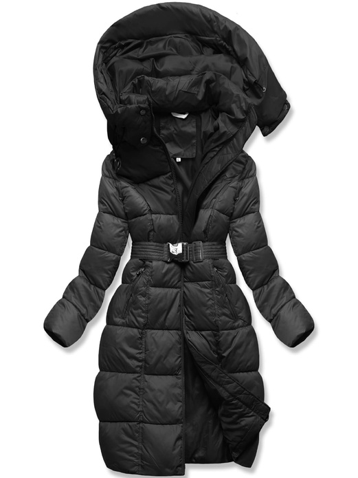 Czarna zimowa damska kurtka pikowana z paskiem 