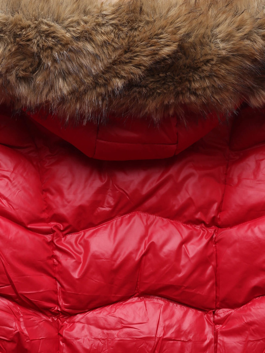 Czerwona świetna pikowana zimowa damska kurtka z futerkiem