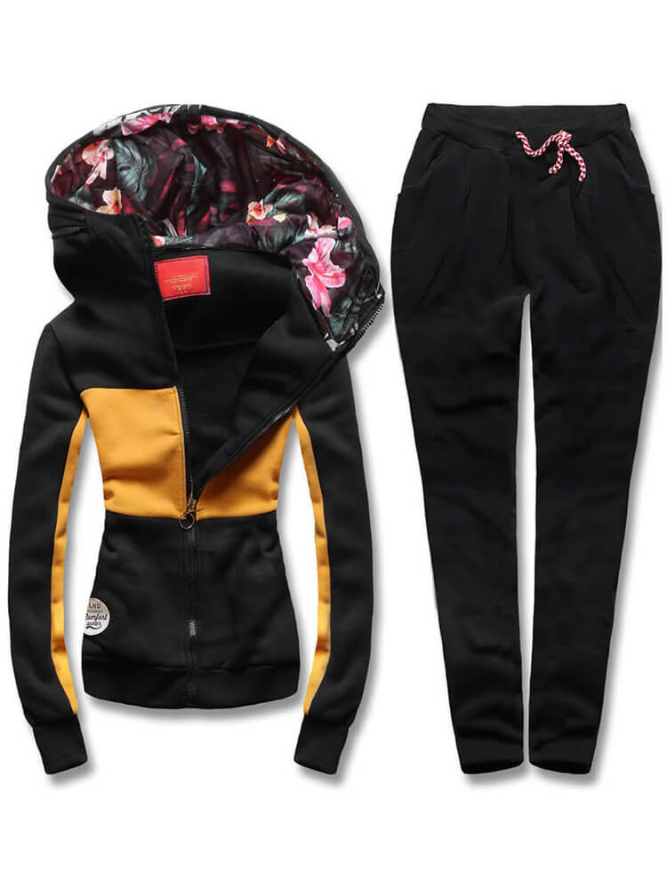 Żółto czarny kolorowy dres damski z kapturem komplet bluza na suwak + spodnie