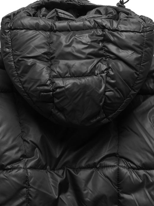 Czarna zimowa pikowana długa ciepła kurtka z kapturem kołnierzem