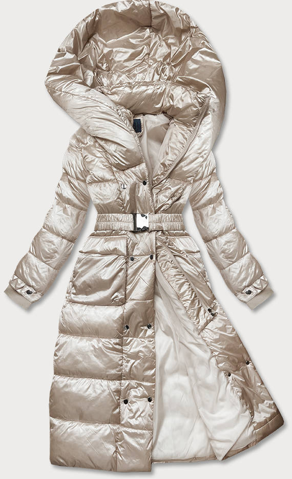 Beżowa zimowa długa kurtka damska płaszczyk z paskiem