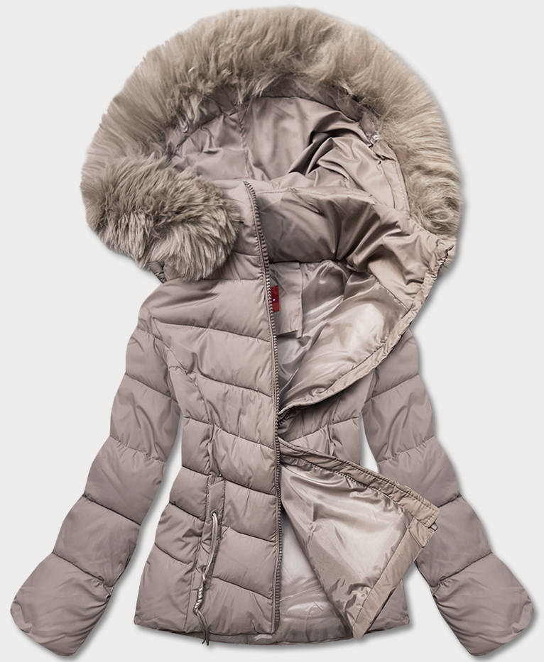 Beżowa zimowa puchowa pikowana kurtka z futerkiem