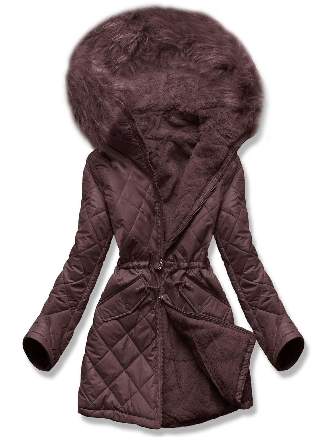 Brązowa dwustronna zimowa kurtka damska pikowana w karo