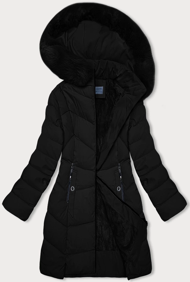 Czarna ciepła zimowa kurtka damska na futrzanej podpince