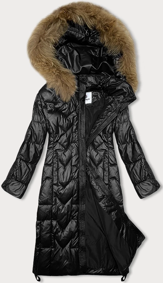 Czarna długa pikowana kurtka płaszczyk damski z kapturem