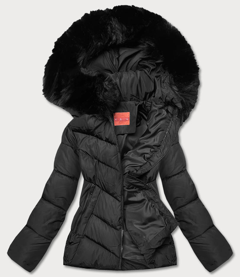 Czarna kapitalna pikowana zimowa kurtka z futerkiem