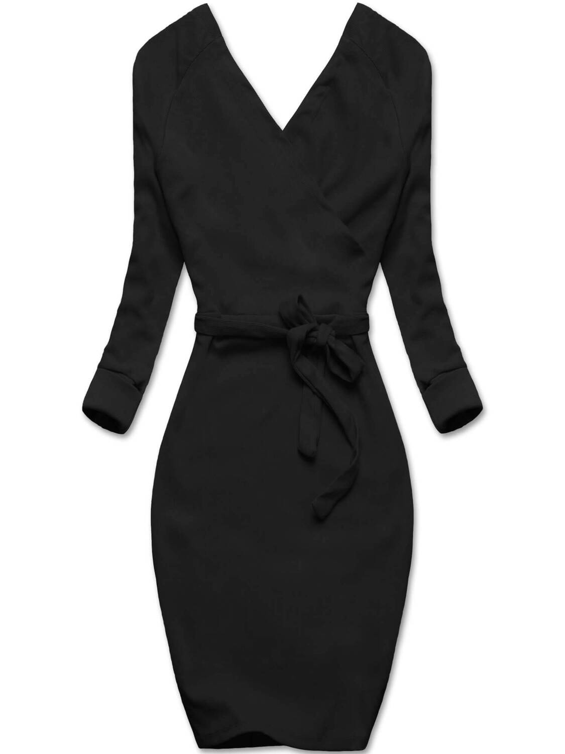 Czarna wiązana sukienka z dekoltem w serek, prążkowana, elegancka