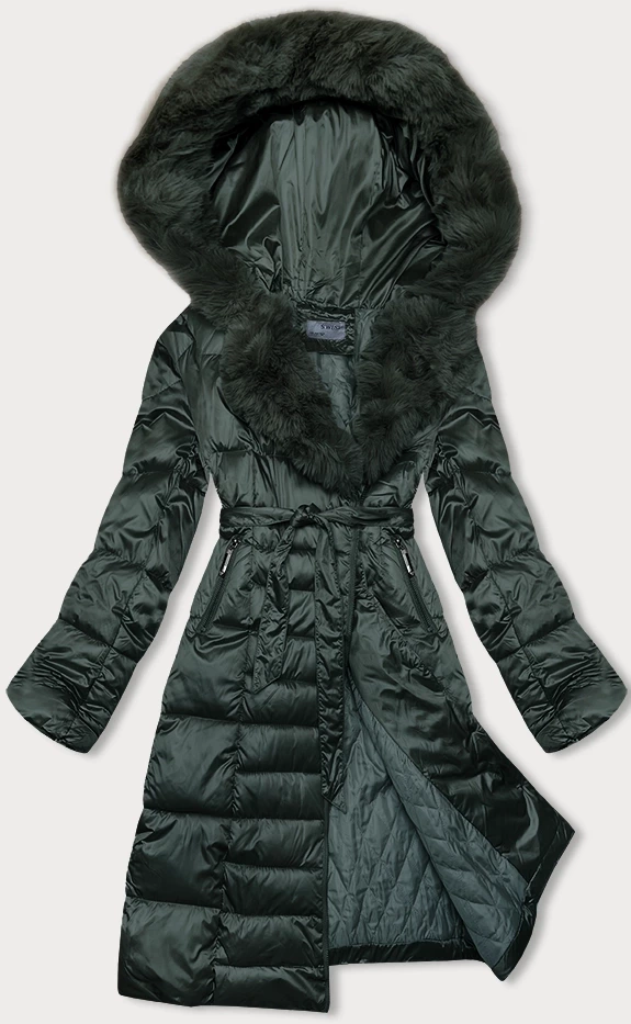 Czarny zimowy długi płaszczyk kurtka z kapturem i futerkiem