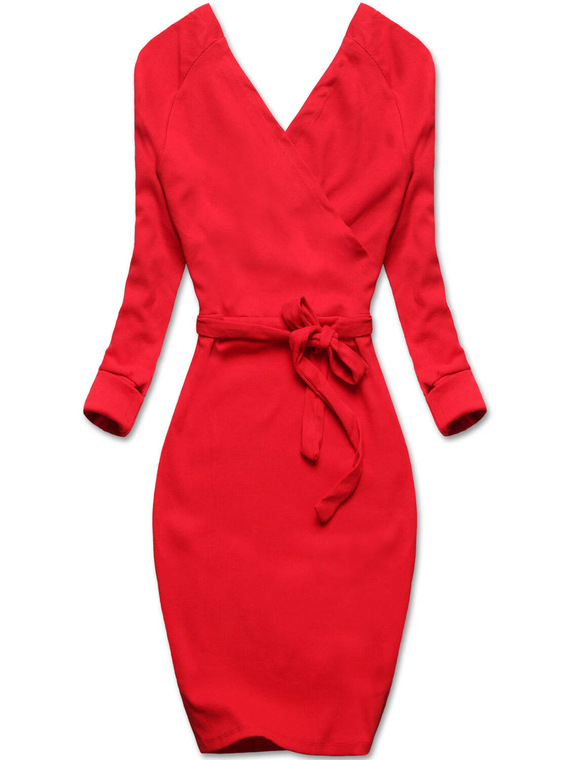 Czerwona wiązana sukienka z dekoltem w serek, prążkowana, elegancka