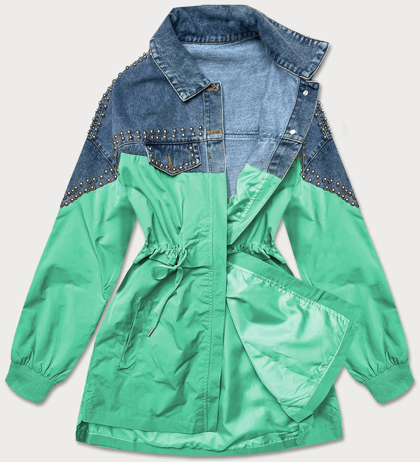 Damska kurtka jeans denim z łączonych materiałów niebiesko-zielona (pffs12233)