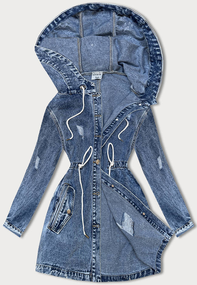 Niebieska jeansowa kurtka przejściowa narzutka płaszcz na guziki z kapturem i troczkami