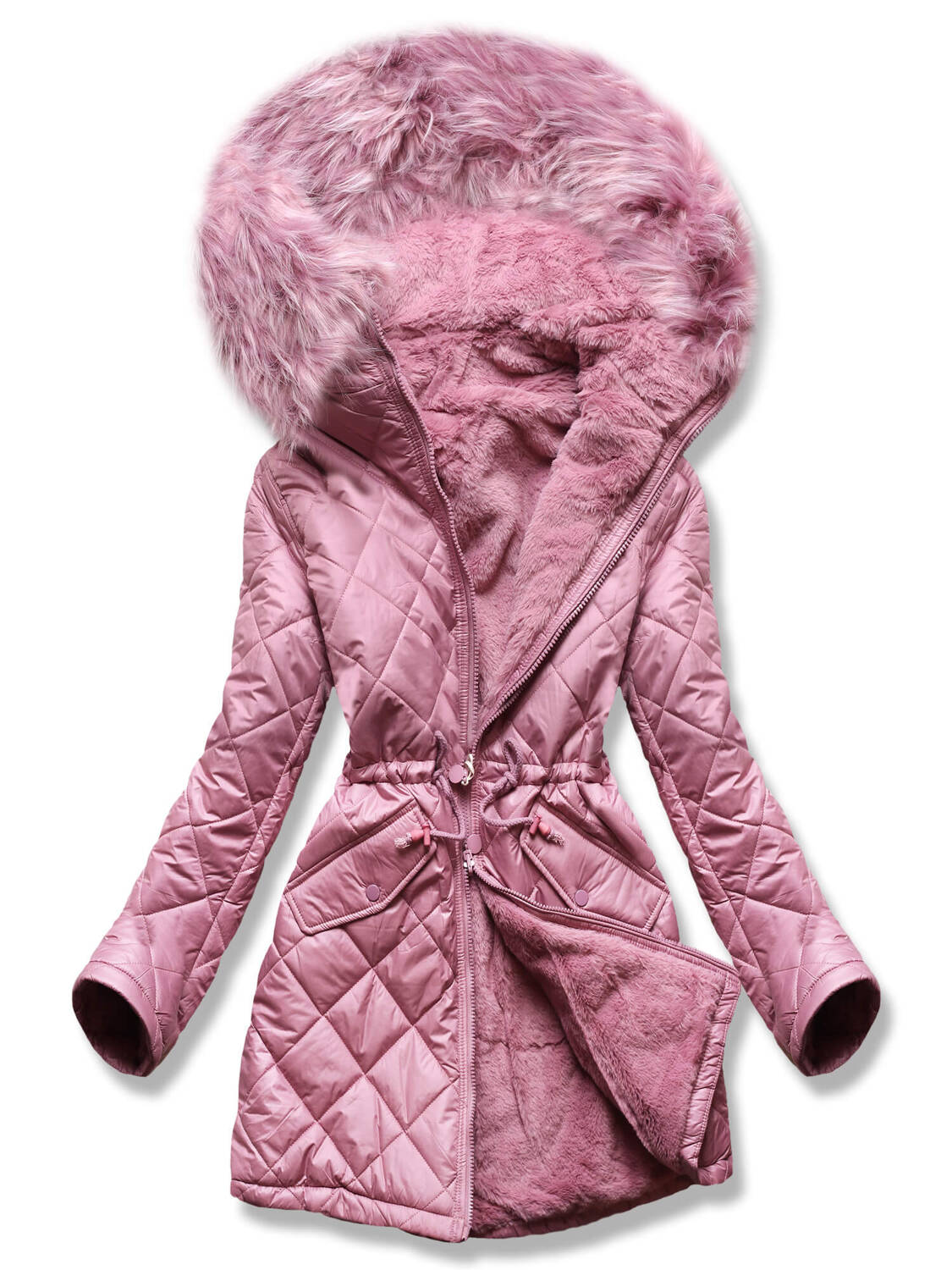 Różowa dwustronna zimowa kurtka damska pikowana w karo